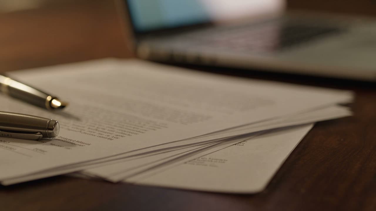 Printed report pages fanned on a desk beside a laptop
