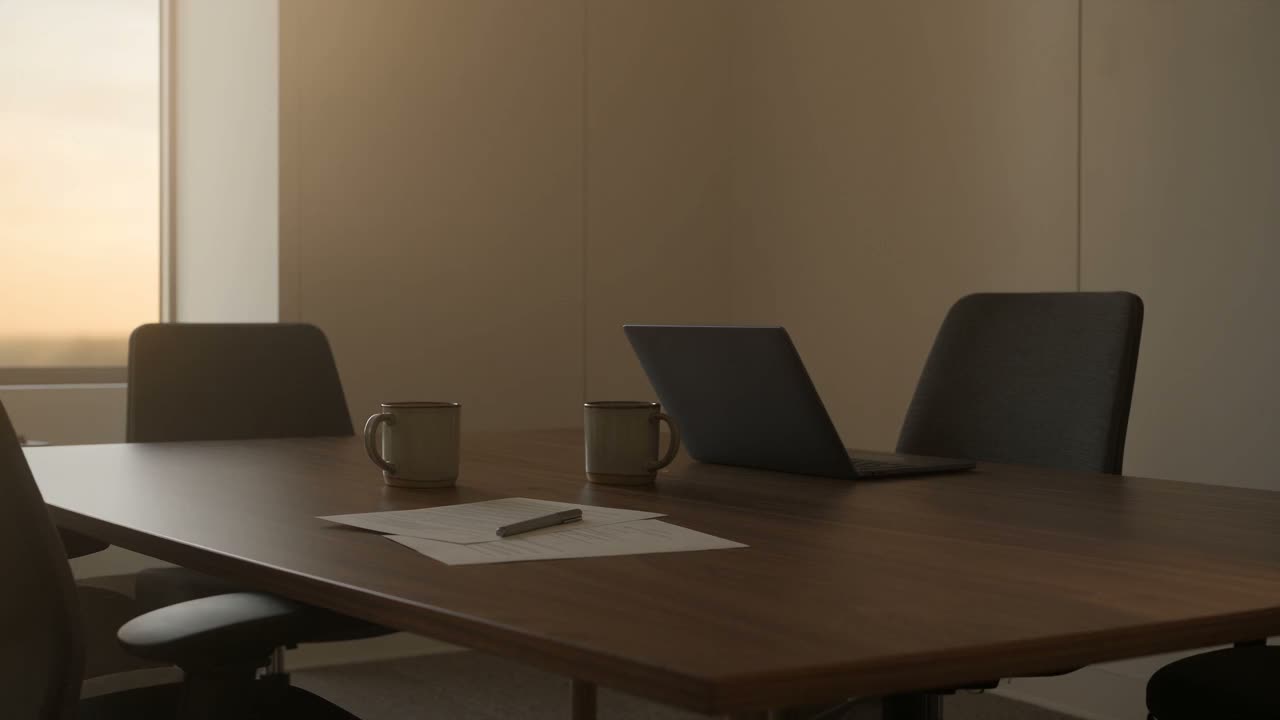 A meeting table by a window with two coffee cups and a laptop
